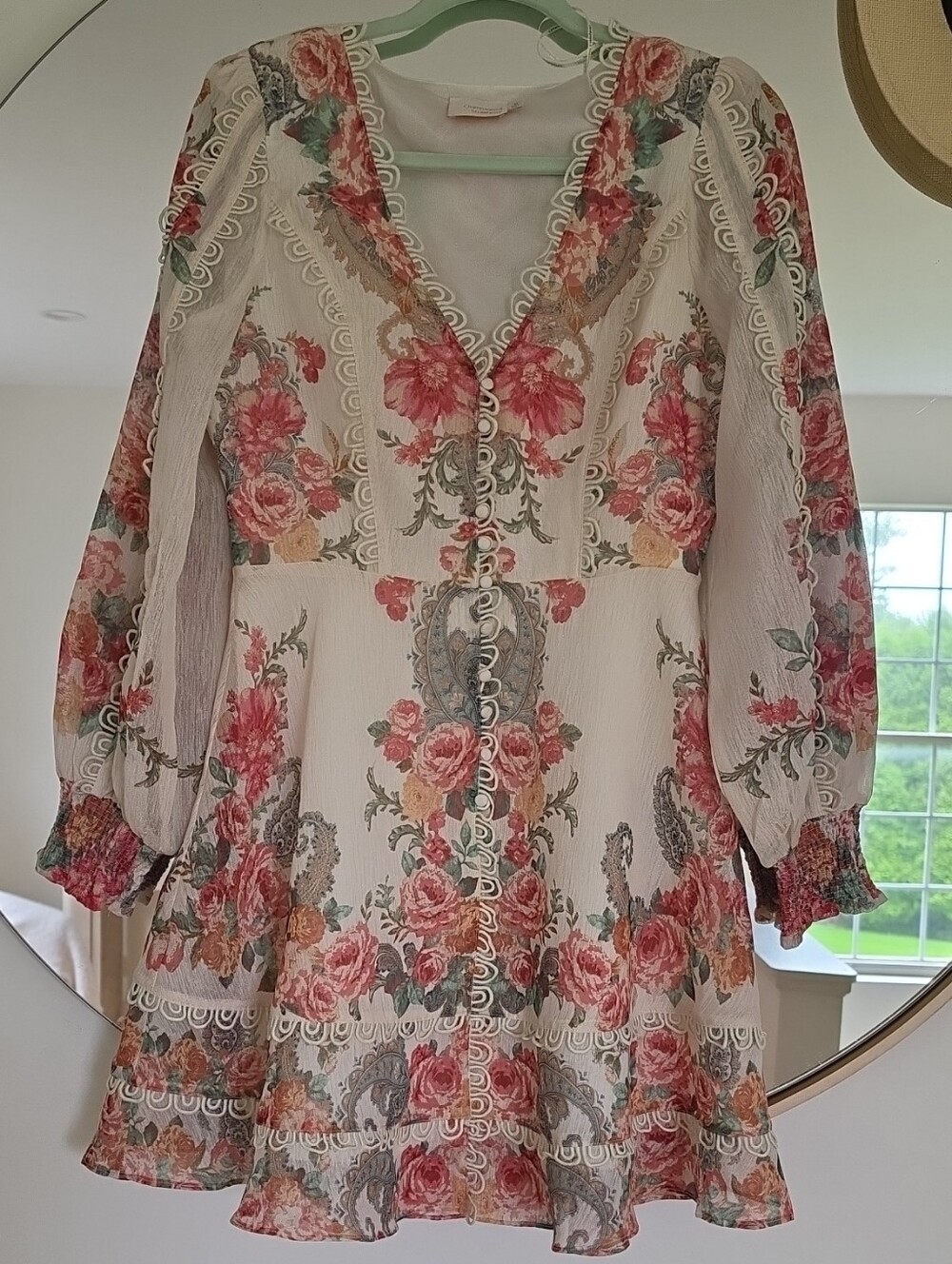 Anthropologie 'Champagne  And Strawberry 'Shimmer Rose Button Down Lace Dress M